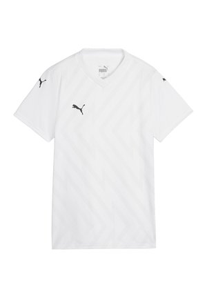 Witte sportjersey met een V-hals ontwerp, voorzien van een subtiel zigzagpatroon en zwarte Puma-logo accenten op de borst en mouwen.