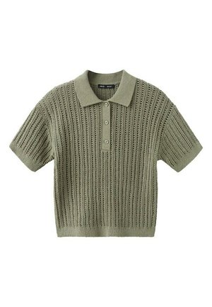 Gebreid poloshirt met korte mouwen in olijfgroen met verticale geribbelde en opengewerkte patronen, drie knopen aan de voorkant en een platte kraag.