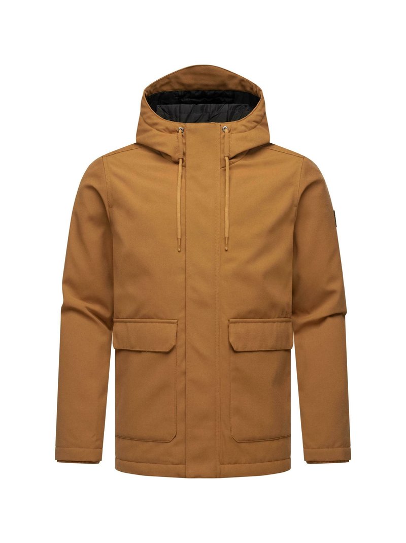 Chaqueta con capucha marrón hecha de un material liso y resistente al agua. Presenta dos bolsillos frontales y cordones ajustables en la capucha.