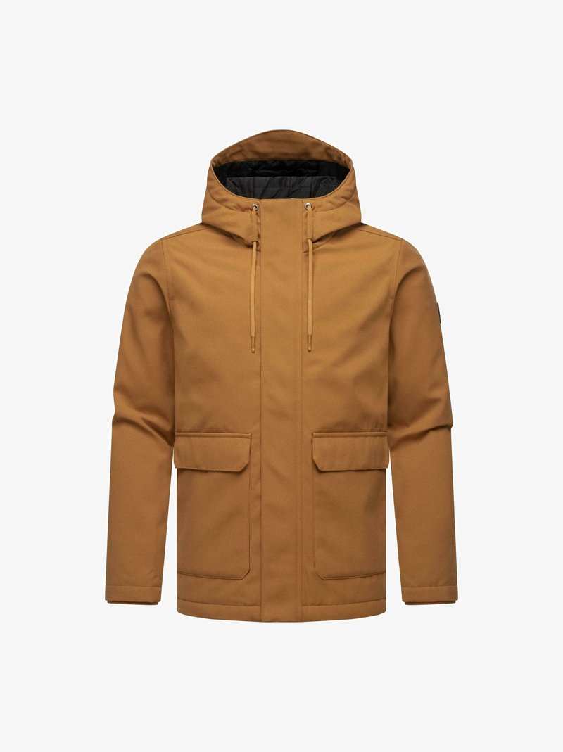 Brun hettejakke laget av et glatt, vannavstøtende materiale. Har to frontlommer og justerbare snorer ved hetten.