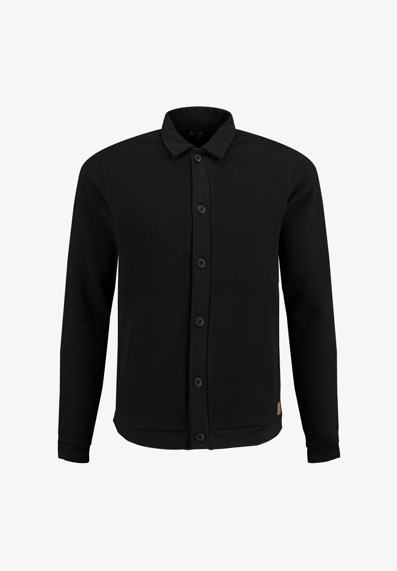 Schwarzes, langärmeliges Hemd mit Knöpfen aus strukturiertem Stoff, mit Kragen, fünf Knöpfen und seitlichen Taschen. Einfaches und funktionales Design.