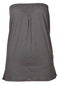 Haut gris sans bretelles en tissu doux, avec un col smocké et des détails plissés subtils, une ourlet droit et une coupe décontractée.