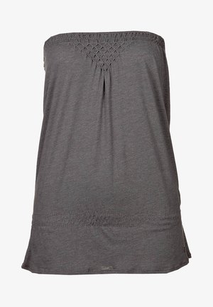 Harmaa olkaimeton toppi, valmistettu pehmeästä kankaasta, jossa on shirrettu pääntie ja hienovaraiset laskosdetaljit, suora helma ja rento istuvuus.