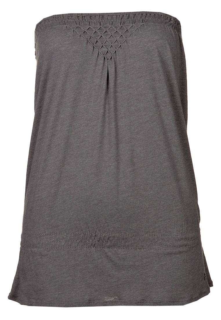 Haut gris sans bretelles en tissu doux, avec un col smocké et des détails plissés subtils, une ourlet droit et une coupe décontractée.