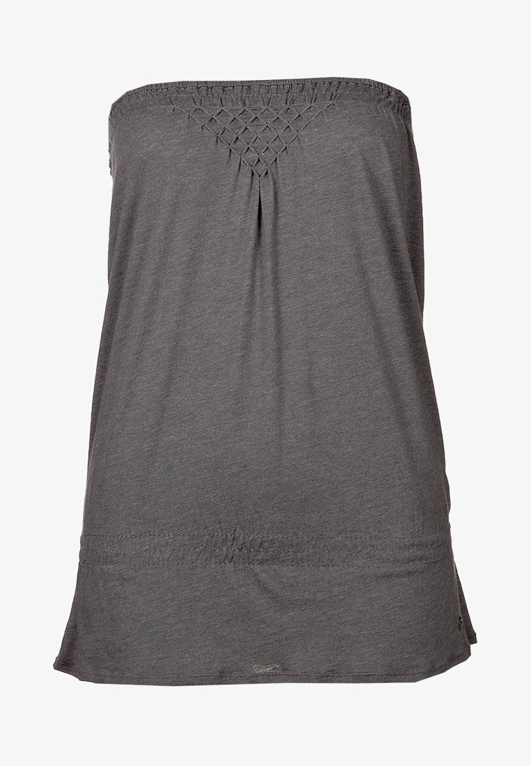 Haut gris sans bretelles en tissu doux, avec un col smocké et des détails plissés subtils, une ourlet droit et une coupe décontractée.