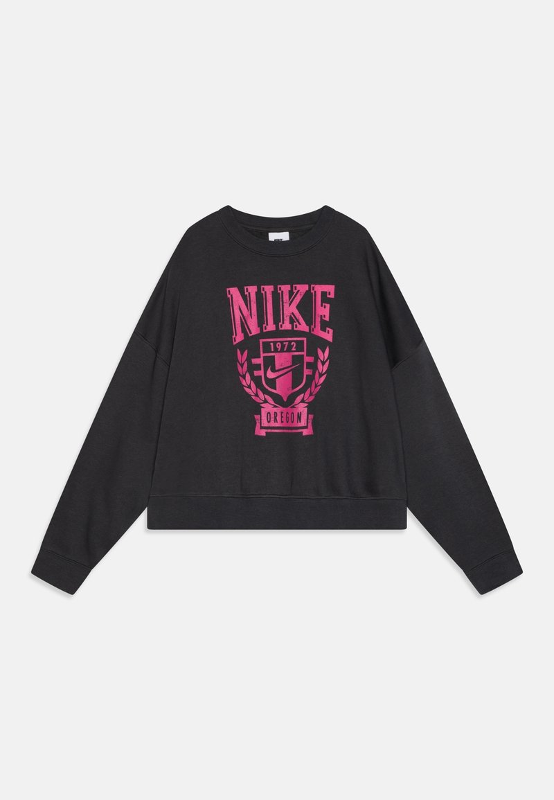 Sudadera corta negra de algodón, con un gran logo de Nike en color rosa que incluye "1972" y "Oregon" dentro de un diseño de escudo.