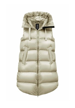 Mouwloze beige puffer bodywarmer met ritssluiting aan de voorkant, gevoerde hoge kraag, twee voorzakken en trekkoorddetails aan de kraag.