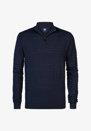 Gilet zippé bleu marine avec texture côtelée, manches longues et col montant. Il présente une fermeture éclair d'un quart de longueur et une discrète marque sur le col.