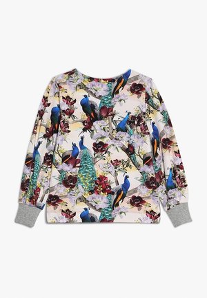 Maglia a maniche lunghe con una stampa colorata di fiori e uccelli, realizzata in un tessuto morbido con uno sfondo chiaro e polsini grigi.