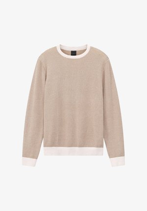 Beiger Sweatpullover mit Struktur, langen Ärmeln, rundem Ausschnitt und kontrastierenden weißen, gerippten Bündchen an Ärmeln und Saum. Verfügt über ein durchgehendes Webmuster.