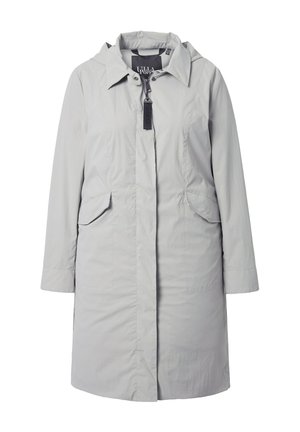 Lysegrå lang hættetrøje regnfrakke med frontlynlås, to klaplommer og lange ærmer, designet til kvinder.