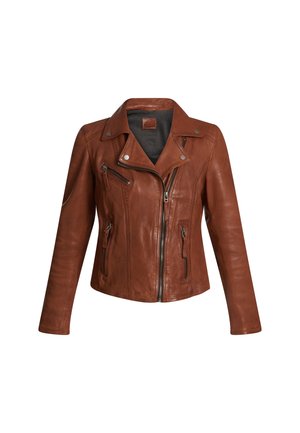 Veste de moto en cuir marron avec fermeture éclair asymétrique, accents en métal argenté et deux poches latérales zippées. Fini texturé, design ajusté.