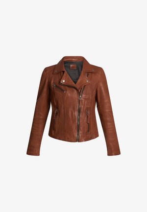 Giacca da moto in pelle marrone con zipper asimmetrico, dettagli in metallo argentato e due tasche laterali con zip. Finitura testurizzata, design aderente.