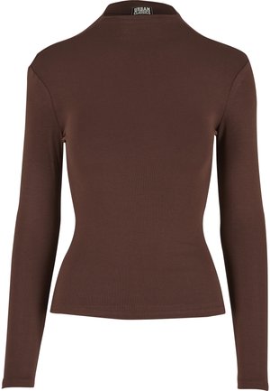 Brun bluse med lange ærmer lavet af glat, elastisk stof. Har en høj krave og tætsiddende design med en ren kant og uden synlige detaljer.