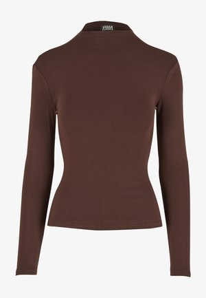 Hnědý top s dlouhým rukávem vyrobený z hladké, elastické látky. Má vysoký límec a přiléhavý střih, s čistým zakončením bez viditelné kovové výbavy.