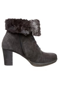 Bottine en daim gris foncé avec bordure en fausse fourrure, fermeture éclair latérale, détails en lacets et talon empilé. Caractéristiques coutures contrastées et semelle texturée.