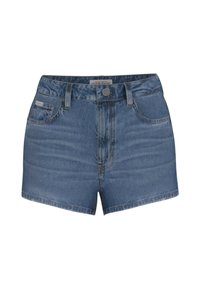Shorts in denim blu chiaro, caratterizzati da un vita alta, cinque tasche, un motivo sbiadito e una chiusura con bottone in metallo.