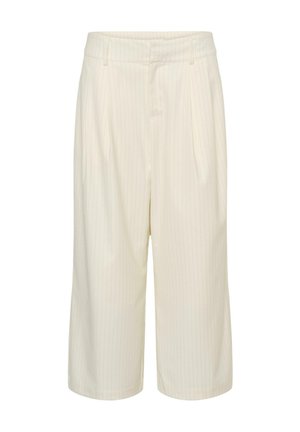 Cream-colored wide-leg culotte pants with subtle vertical pinstripes, belt loops, and front pleats.