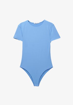 Modra bodysuits s kratkimi rokavi, izdelana iz raztegljivega materiala, z okroglim izrezom in visokimi hlačnicami, gladka tekstura brez vzorcev ali dodatkov.