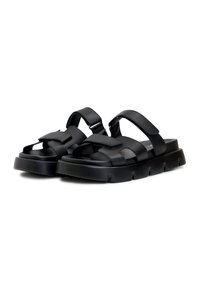 Black leather sandals featuring multiple wide straps, a chunky sole, and an elevated design with textured accents.