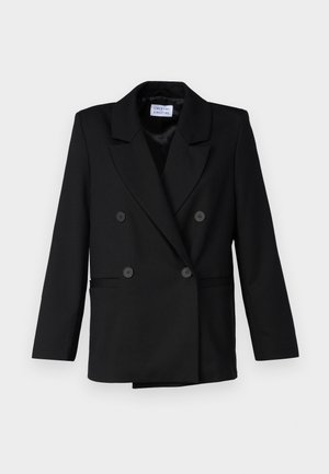 Black double-breasted blazer with peaked lapels, featuring two front pockets and six matching buttons, made from textured fabric.