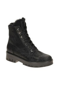 Schwarze Schnürstiefel aus strukturiertem Leder mit einer Gummisohle, ausgestattet mit Metallösen und einem Futter aus Fell an der Oberseite.