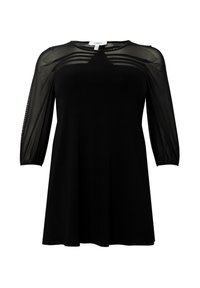 Schwarzes Kleid mit halbtransparenten Puffärmeln, rundem Ausschnitt und fließender Silhouette. Verfügt über dezente horizontale Streifen im Oberteil.
