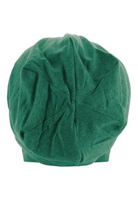 Green cotton beanie with a wrinkled texture and a rounded shape, featuring a central seam design and evenly distributed gathers.