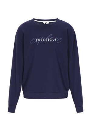 Tamsiai mėlynas megztinis su ilgomis rankovėmis, nertais rankogaliais ir apačia, su balta užrašu "ENDLESSLY" ir "explore" rašoma kursyvu.