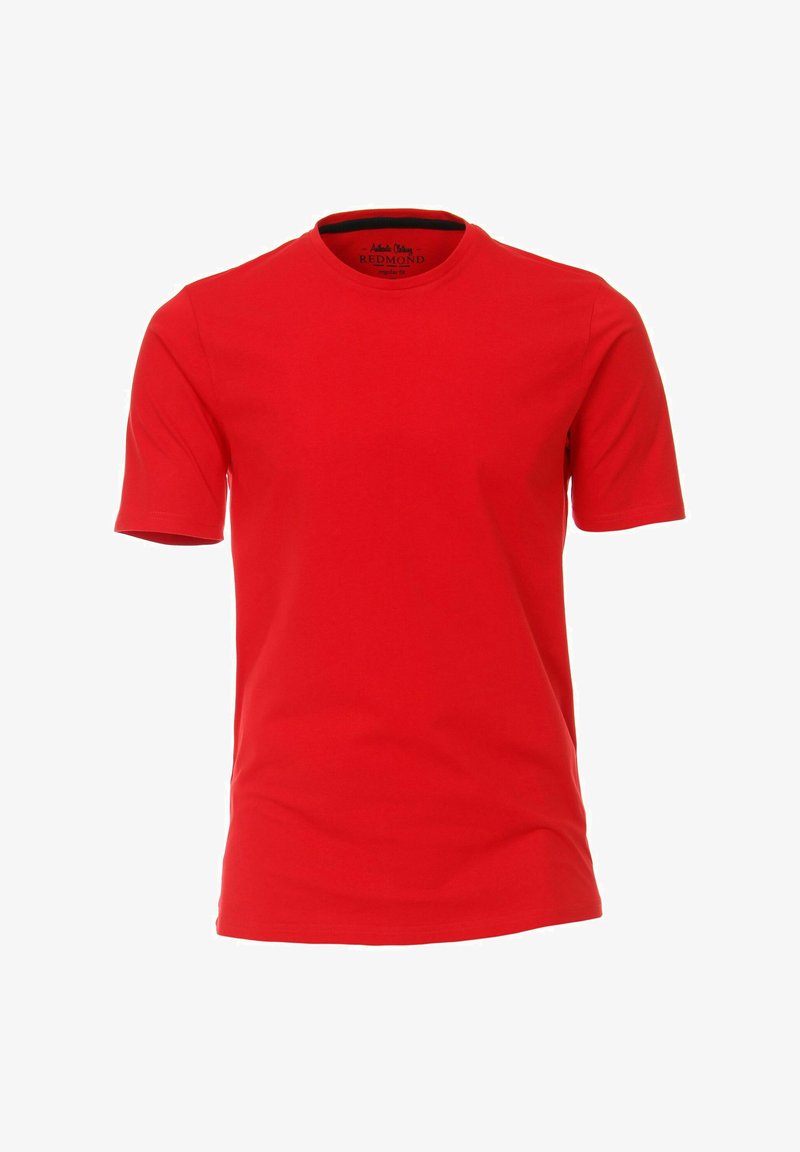 Czerwony t-shirt z krótkim rękawem, wykonany z bawełny, z okrągłym dekoltem i gładką, miękką fakturą. Brak widocznych wzorów lub akcentów.