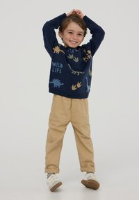 Maglione navy con motivi di dinosauri e fauna selvatica in vari colori, abbinato a pantaloni khaki e scarpe bianche, con le maniche arrotolate.