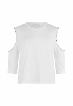 T-shirt en coton blanc à manches courtes dégagées, ornée de perles décoratives le long des coutures et d'un col rond.