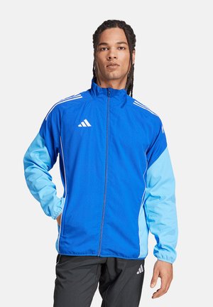 Mann mit geflochtenem Haar, der eine blaue und hellblaue Adidas Zip-Jacke und schwarze Hosen mit Adidas-Logo vor weißem Hintergrund trägt.