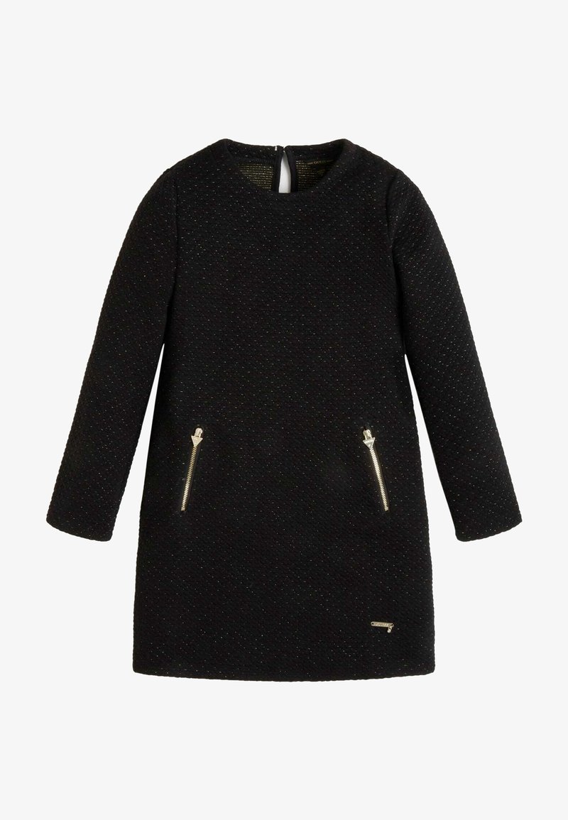Černé šaty vyrobené z texturované tkaniny, s dlouhými rukávy, kulatým výstřihem a dvěma předními kapsami na zip se zlatavými prvky.