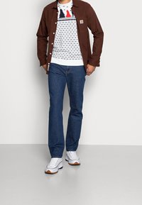 Camicia marrone con bottoni sopra un maglione bianco a maglia con motivi rossi e blu, abbinata a jeans blu e sneakers bianche con suola marrone.