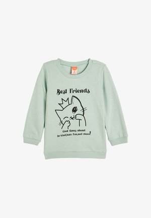 Mintgrüner Sweatshirt mit einer schwarzen Comic-Katzenillustration, dem Text "Beste Freunde" und gerippten Bündchen und Halsbündchen.