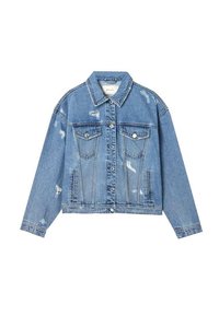 Blauwe spijkerjasje met verweerde details, een knoopsluiting aan de voorkant, twee borstzakken en een kraag. Heeft lange mouwen en een kortere pasvorm.