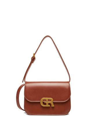 Brown leather shoulder bag with adjustable strap and gold-tone GR logo clasp on front flap closure.