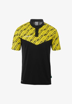 Sort og gul kortærmet polo-shirt med en tekstureret gul overdel med diagonale linjer, en stolpe og et logo på venstre overkrop.