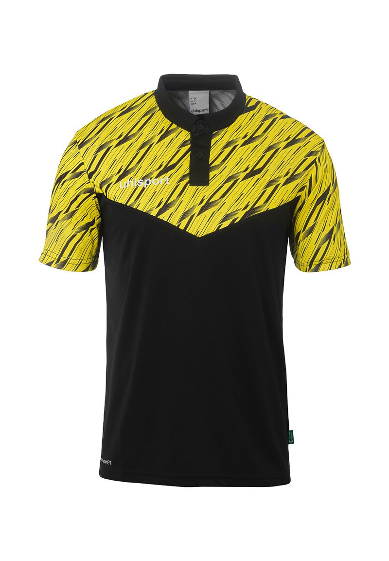 Sort og gul kortærmet polo-shirt med en tekstureret gul overdel med diagonale linjer, en stolpe og et logo på venstre overkrop.