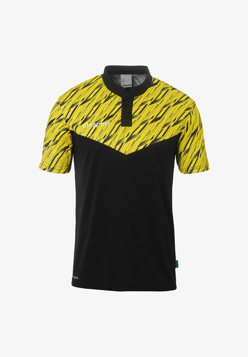 Sort og gul kortærmet polo-shirt med en tekstureret gul overdel med diagonale linjer, en stolpe og et logo på venstre overkrop.