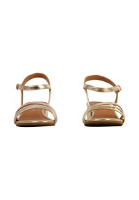 Twee goudkleurige sandalen met een platte zool, uitgerust met dunne horizontale bandjes en een enkelband met een gespsluiting. Gladde textuur en minimaal ontwerp.