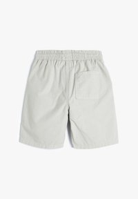 Pantaloni corti grigi chiari con vita elastica, design semplice, tasca posteriore singola e una consistenza liscia. Senza motivi o accenti visibili.