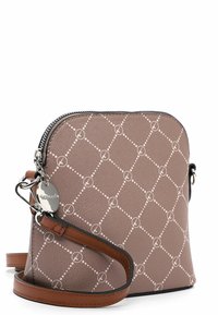 Borsa a tracolla in similpelle marrone con motivo a griglia e accenti circolari, chiusura con zip e cinturino marrone staccabile.