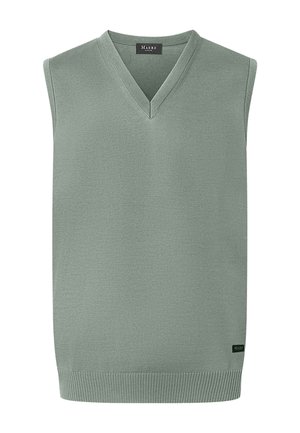 Gilet senza maniche in maglia verde salvia attenuato con scollo a V e orlo a coste, con una piccola etichetta nera vicino al bordo inferiore.