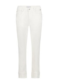 Witte denim broek met een slim fit ontwerp, voorzien van een klassieke vijf-pocket indeling, een knoopsluiting aan de voorkant en opgerolde manchetten. Soepele textuur.