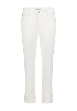 Witte denim broek met een slim fit ontwerp, voorzien van een klassieke vijf-pocket indeling, een knoopsluiting aan de voorkant en opgerolde manchetten. Soepele textuur.