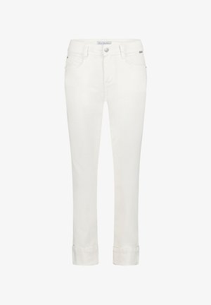 Witte denim broek met een slim fit ontwerp, voorzien van een klassieke vijf-pocket indeling, een knoopsluiting aan de voorkant en opgerolde manchetten. Soepele textuur.