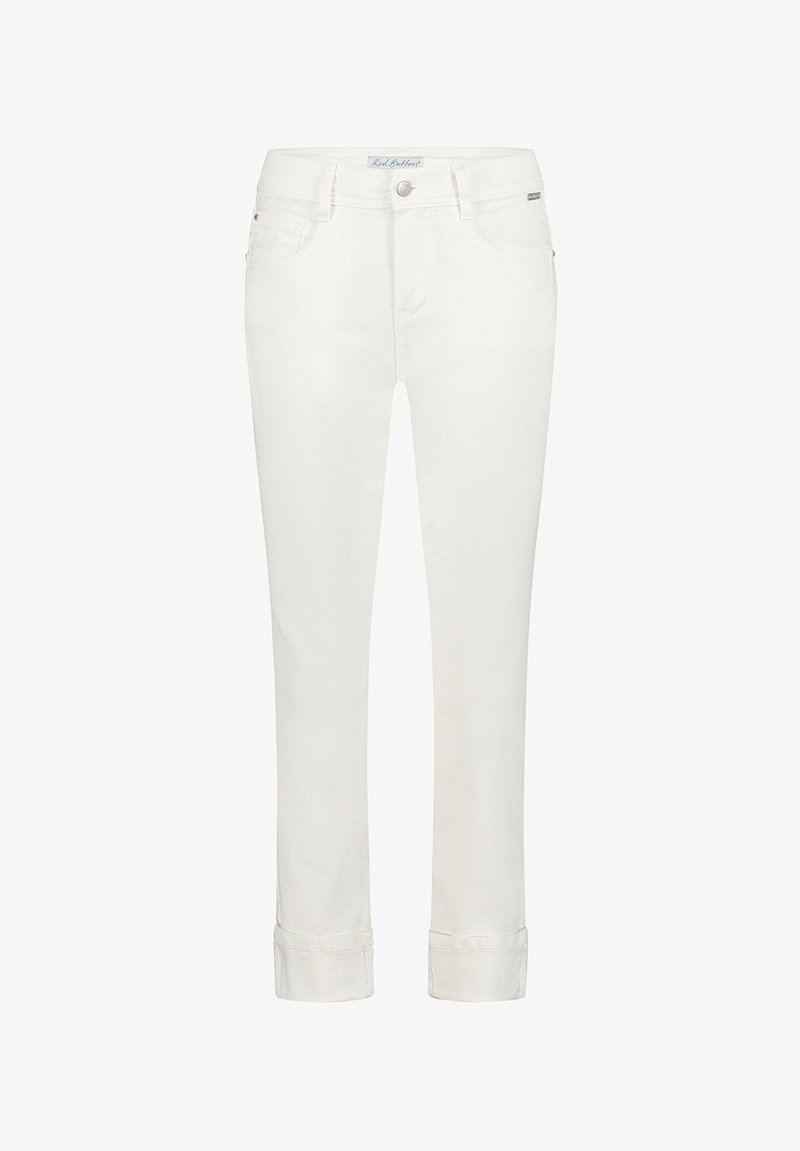 Witte denim broek met een slim fit ontwerp, voorzien van een klassieke vijf-pocket indeling, een knoopsluiting aan de voorkant en opgerolde manchetten. Soepele textuur.