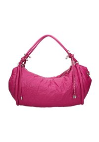 Sac à main rose avec une texture froissée, doté de doubles poignées et de cordons décoratifs. Fermeture à glissière et accents en métal argenté.